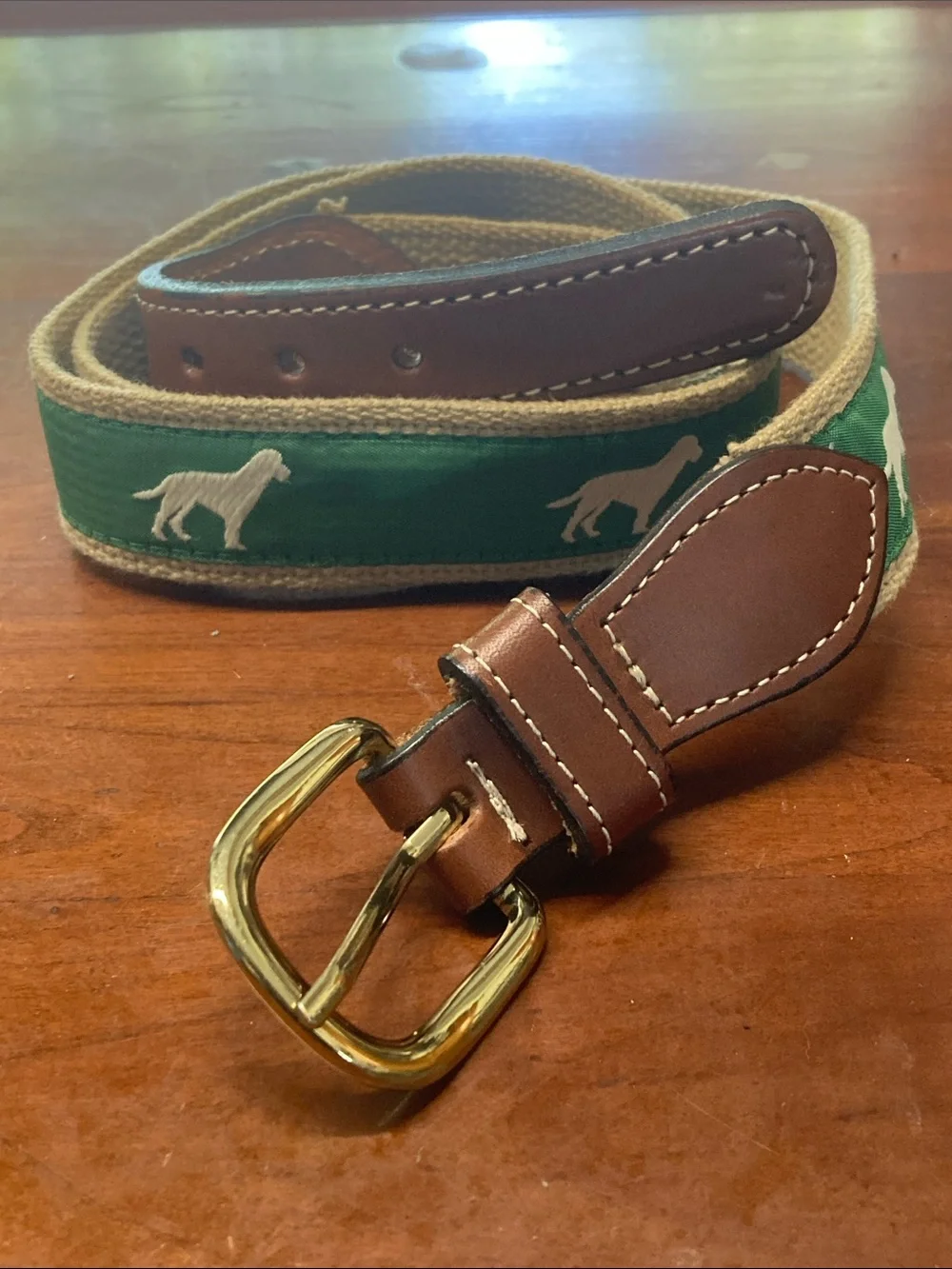 Bullington LEATHER/FABRIC Belt w/bRASS Buckle SIZE: 40 TAN Golden Retriever